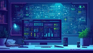 The image depicts a sleek, modern office environment, with a focus on a large computer screen displaying a complex cybersecurity dashboard