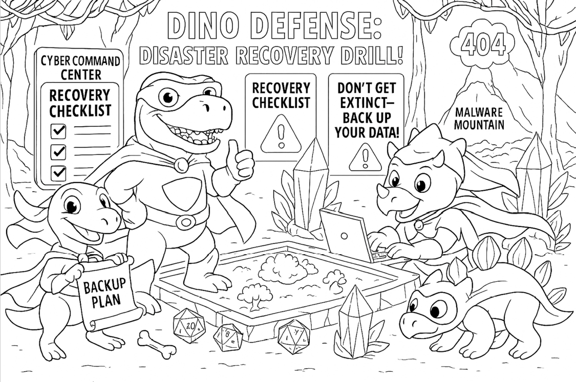 This AI-generated coloring page from the SBS Community Outreach contest shows cybersecurity heroes titled Dino Defense: Disaster Recovery Drill.