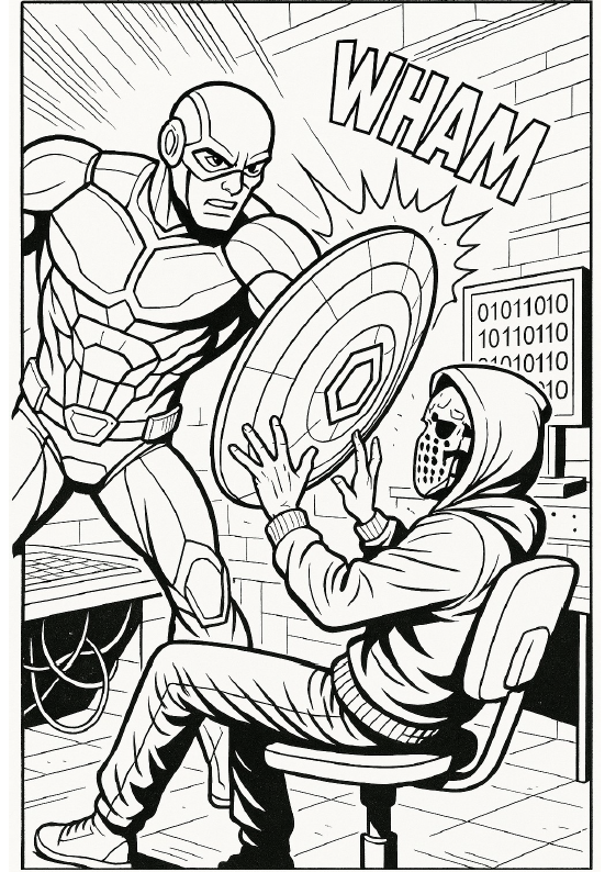 This AI-generated coloring page from the SBS Community Outreach contest shows a cybersecurity hero against a hacker.