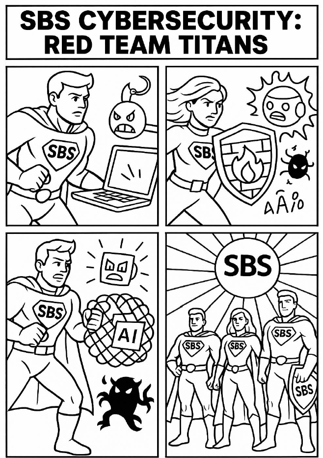 This AI-generated coloring page from the SBS Community Outreach contest depicts a cybersecurity hero comic strip titled Red Team Titans.