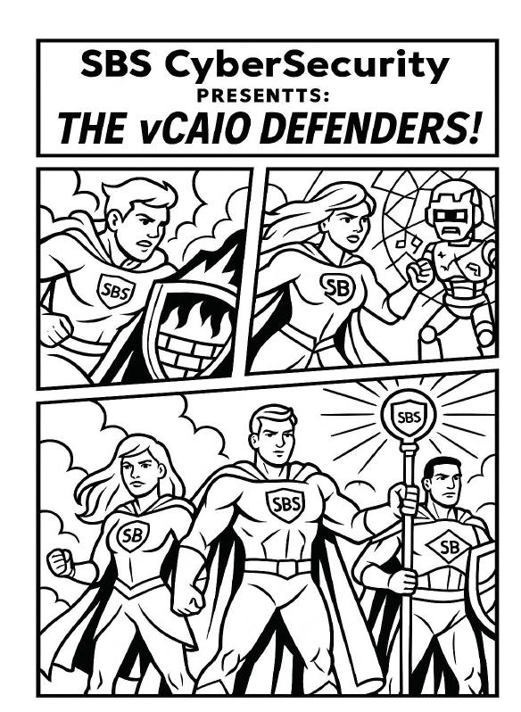 This AI-generated coloring page from the SBS Community Outreach contest depicts a cybersecurity hero comic strip titled The vCAIO Defenders.