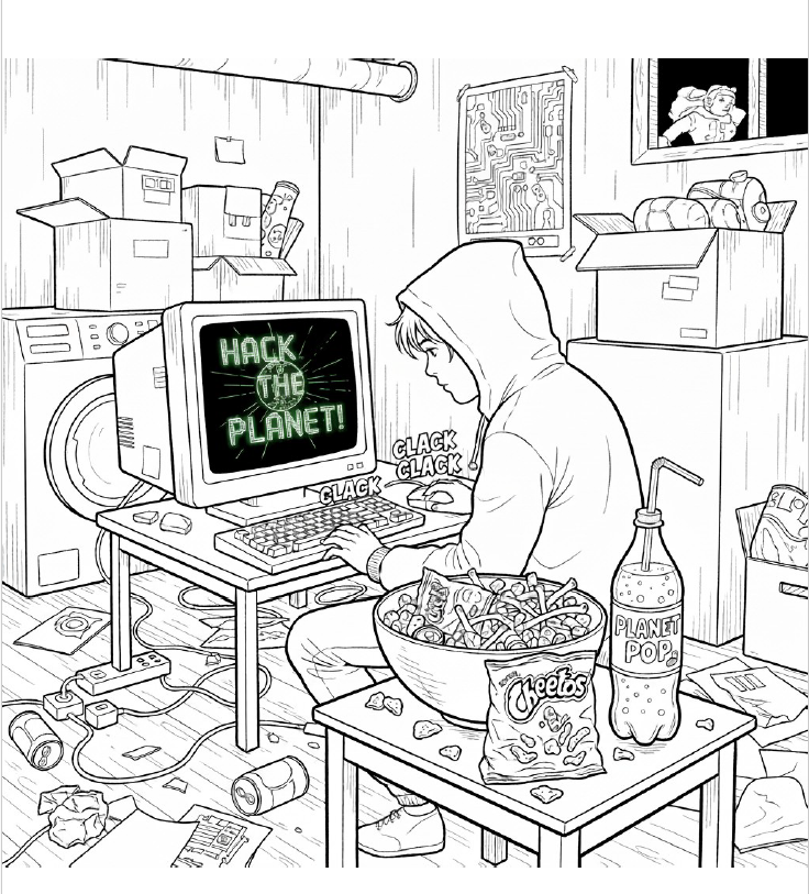 This AI-generated coloring page from the SBS Community Outreach contest shows someone in a hoodie on a computer displaying Hack the Planet.