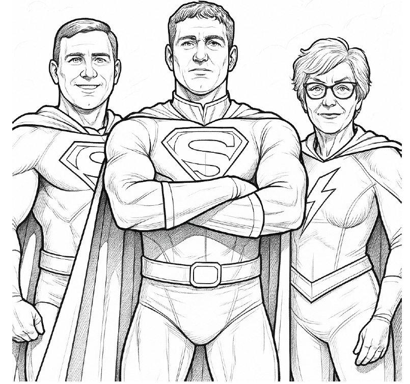 This AI-generated coloring page from the SBS Community Outreach contest shows the executive team as cybersecurity heroes.