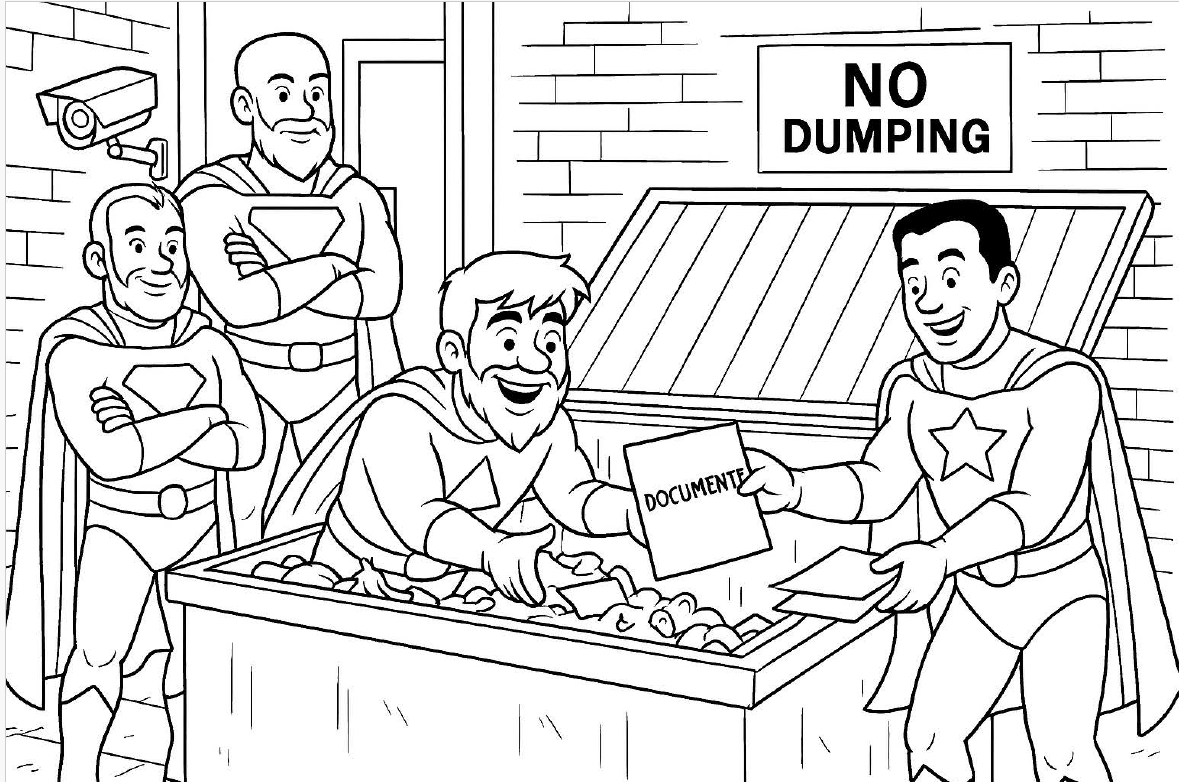 This AI-generated coloring page from the SBS Community Outreach contest shows a cybersecurity hero modeling dumpster diving for sensitive information.