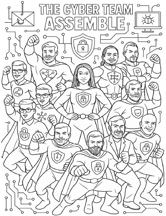 This AI-generated coloring page from the SBS Community Outreach contest shows a cybersecurity heroes titled The Cyber Team Assemble.