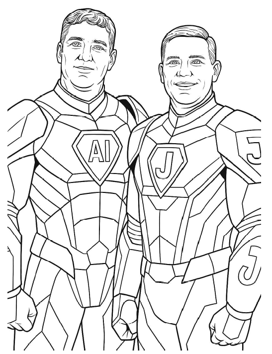 This AI-generated coloring page from the SBS Community Outreach contest shows executive leadership as cybersecurity heroes.