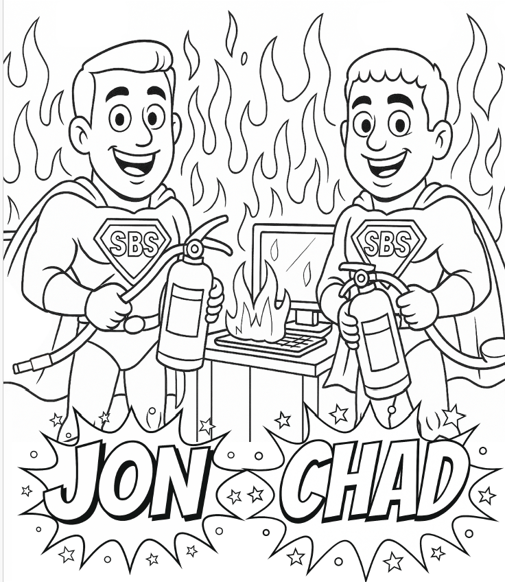 This AI-generated coloring page from the SBS Community Outreach contest shows executive leadership as cybersecurity heroes holding fire extinguishers.