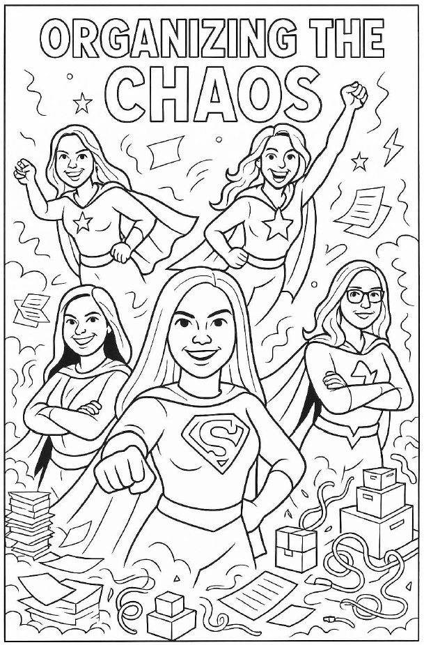 This AI-generated coloring page from the SBS Community Outreach contest shows cybersecurity heroes titled Organizing the Chaos.