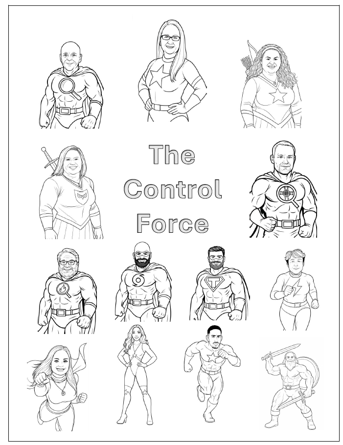 This AI-generated coloring page from the SBS Community Outreach contest shows The Control Force of cybersecurity heroes.