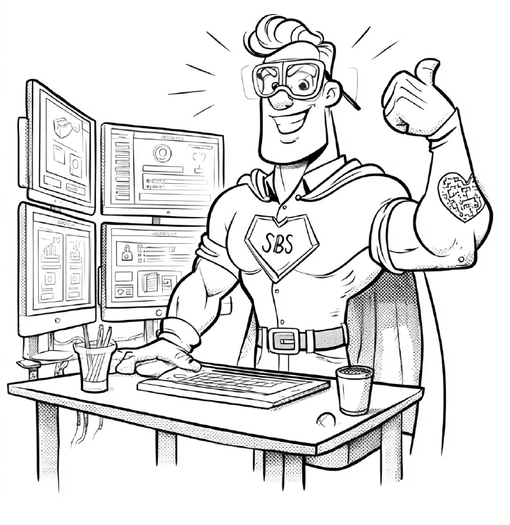 This AI-generated coloring page from the SBS Community Outreach contest shows a cybersecurity hero giving a thumbs up.