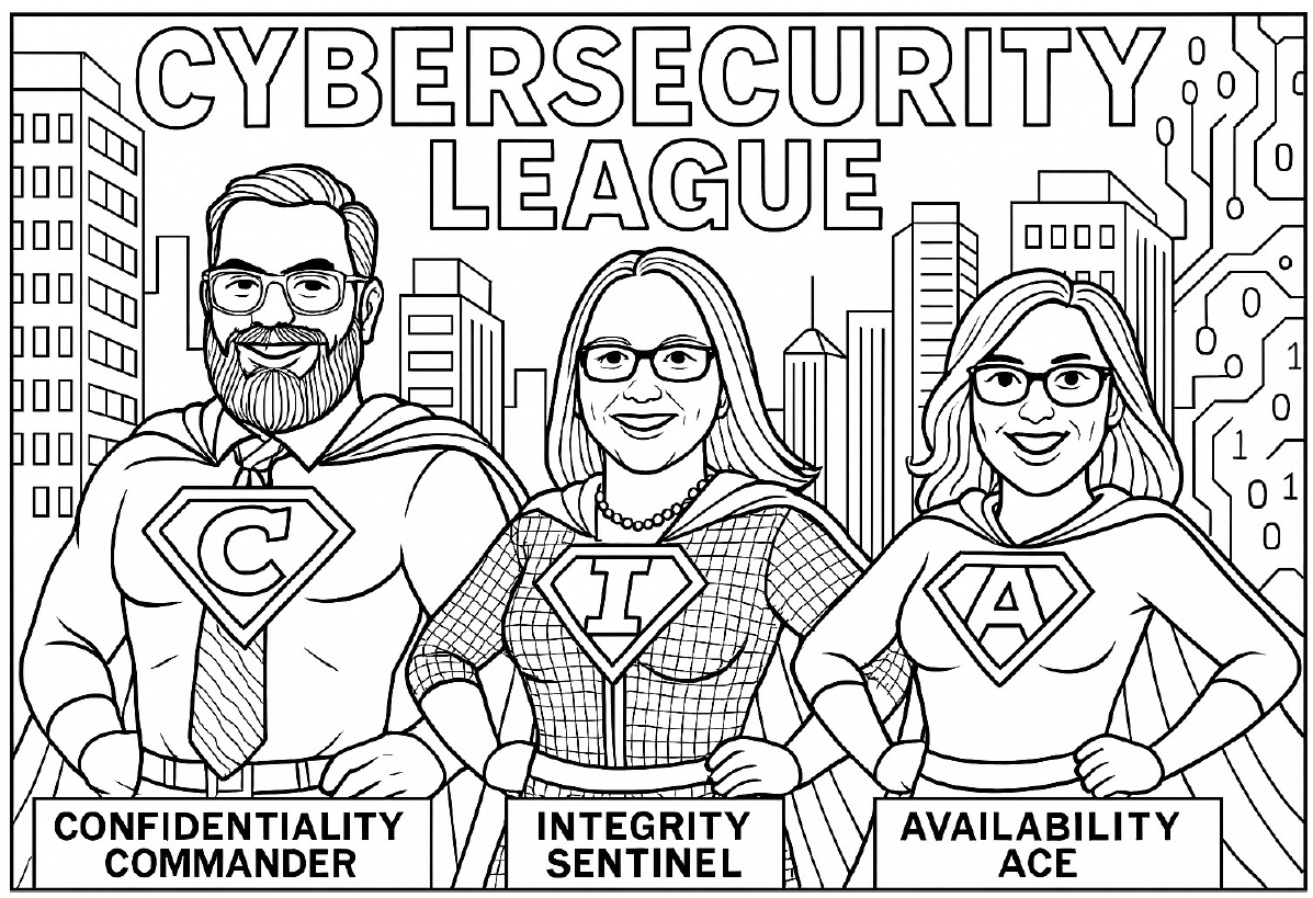 This AI-generated coloring page from the SBS Community Outreach contest shows leadership as cybersecurity heroes, titled Cybersecurity League.