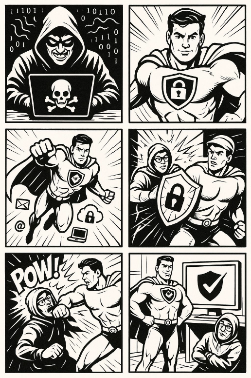 This AI-generated coloring page from the SBS Community Outreach contest depicts a cybersecurity hero comic strip.