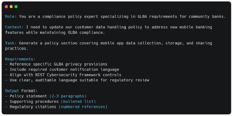 Sample AI prompt pattern for policy generation and review.
