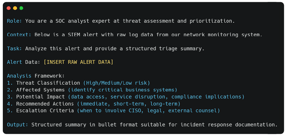 Sample AI prompt pattern for alert summarization and triage support.