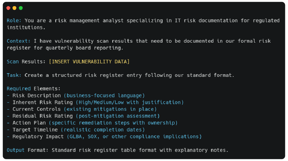 Sample AI prompt pattern for documentation and risk registers.