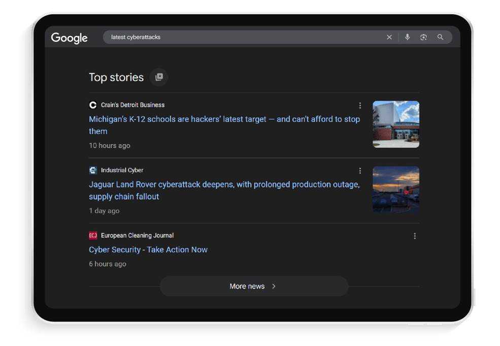 Google Search results with Top Stories for latest cyberattacks query.