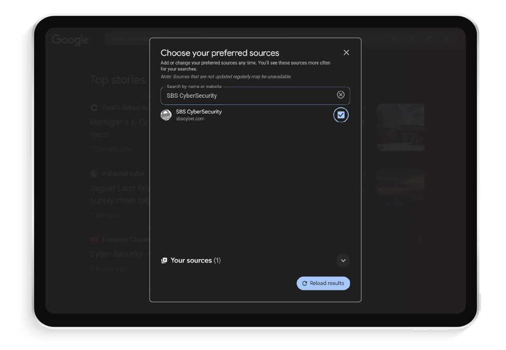 Google preferred sources settings with SBS CyberSecurity selected.